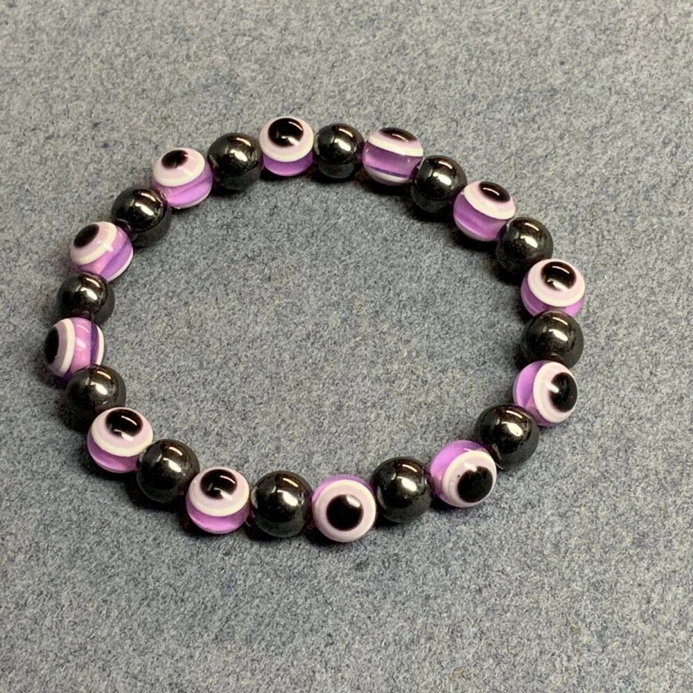 Eyeball Hematite Stretch Bracelet 7 In Purple Silver Black White Retro Halloween